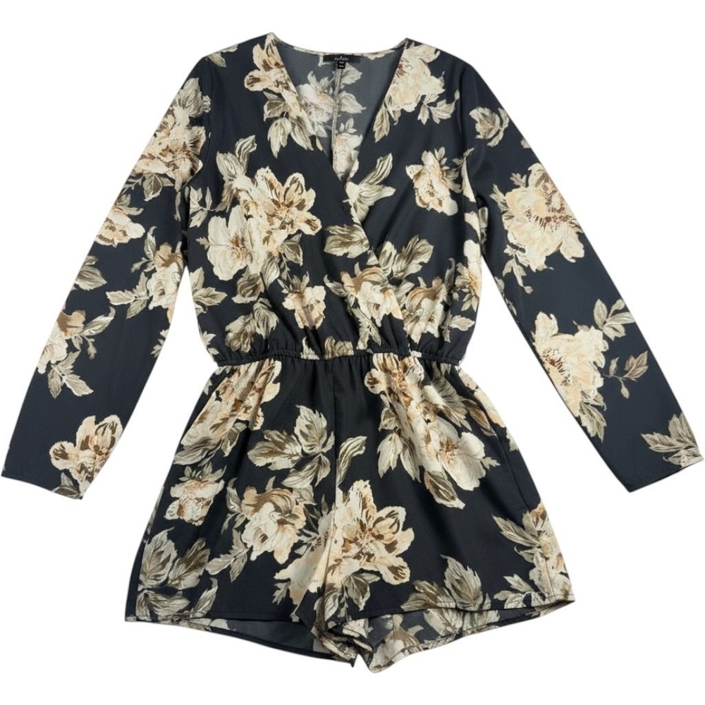 Lulus Floral Romper Dress Medium Faux Wrap Long Sleeve Blue Boho Flowy